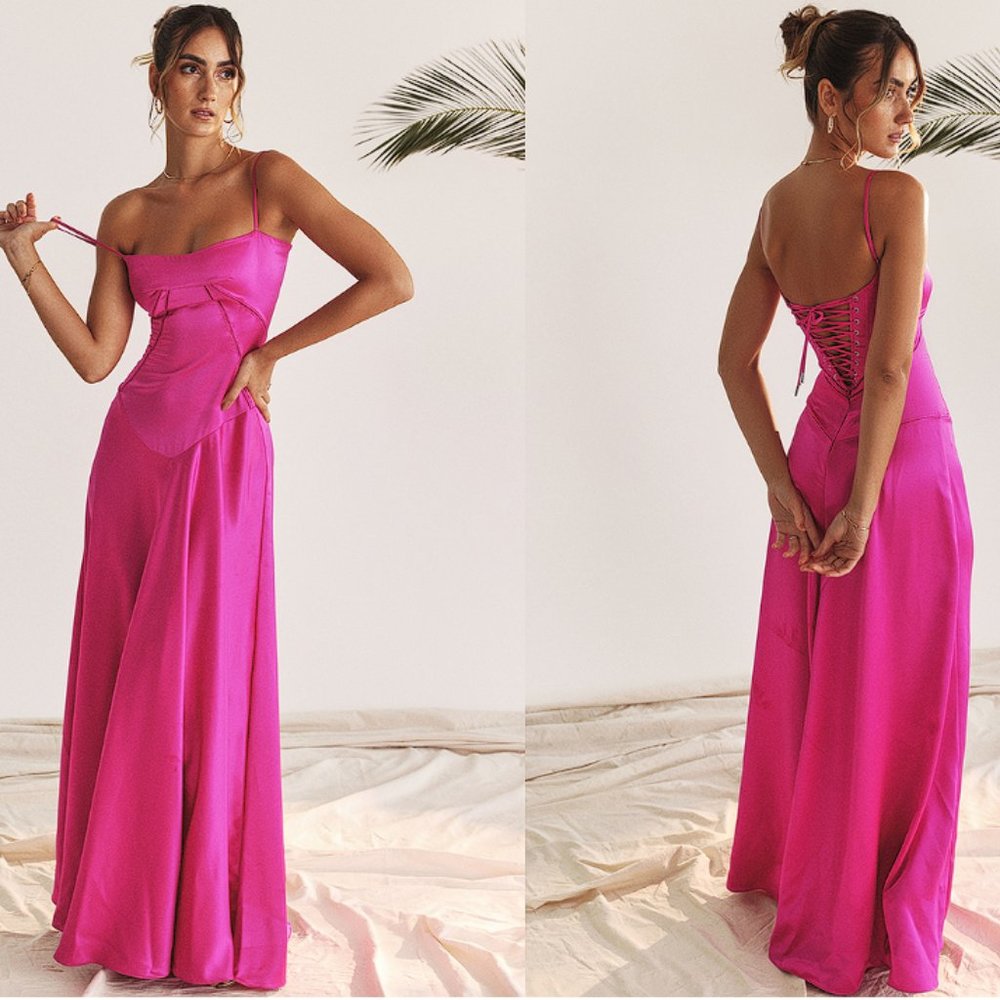 HOUSE OF CB 'Anabella' Fuchsia Lace Up Maxi Dress NWOT